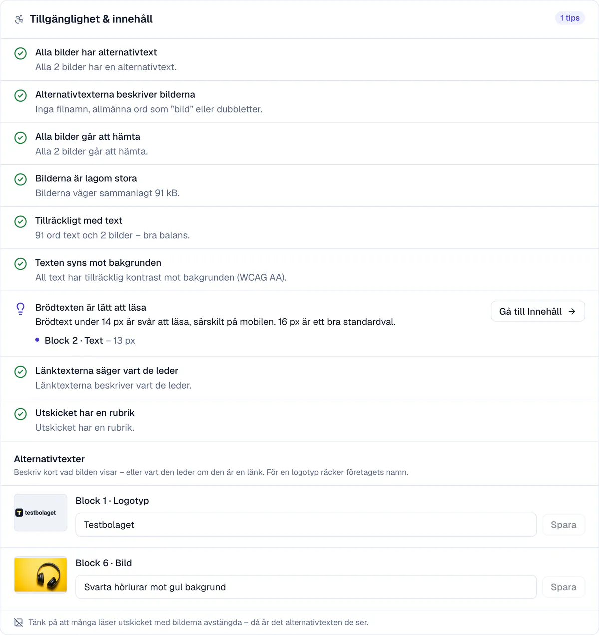 The check of a mailing, the Accessibility and content section: all images have alt text, the images are a sensible size, the text stands out from the background and a tip about the body text size, with fields for the alt texts.