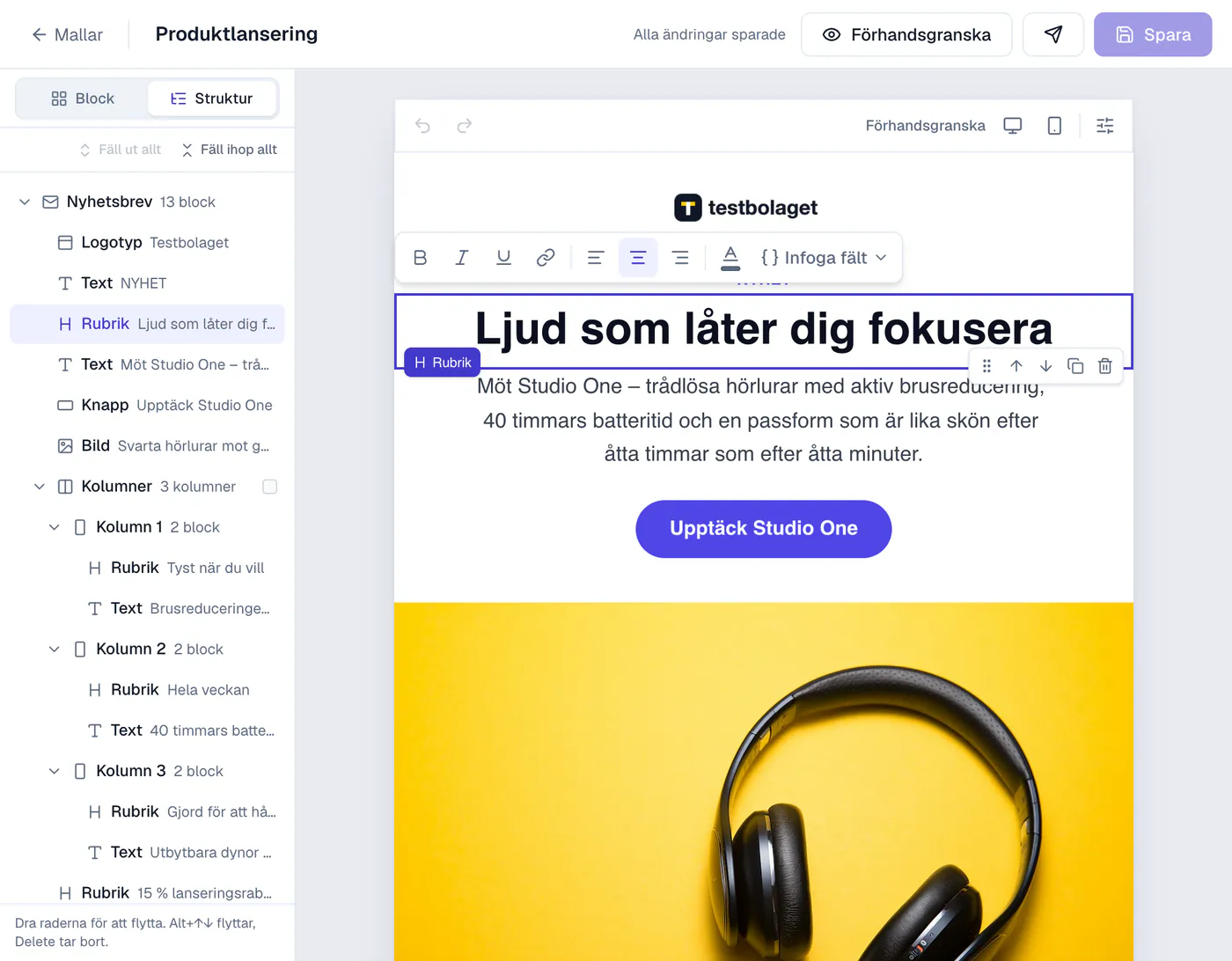 The editor in Qrona Newsletter: the structure tree on the left and a newsletter about headphones whose heading is being edited with the floating toolbar.