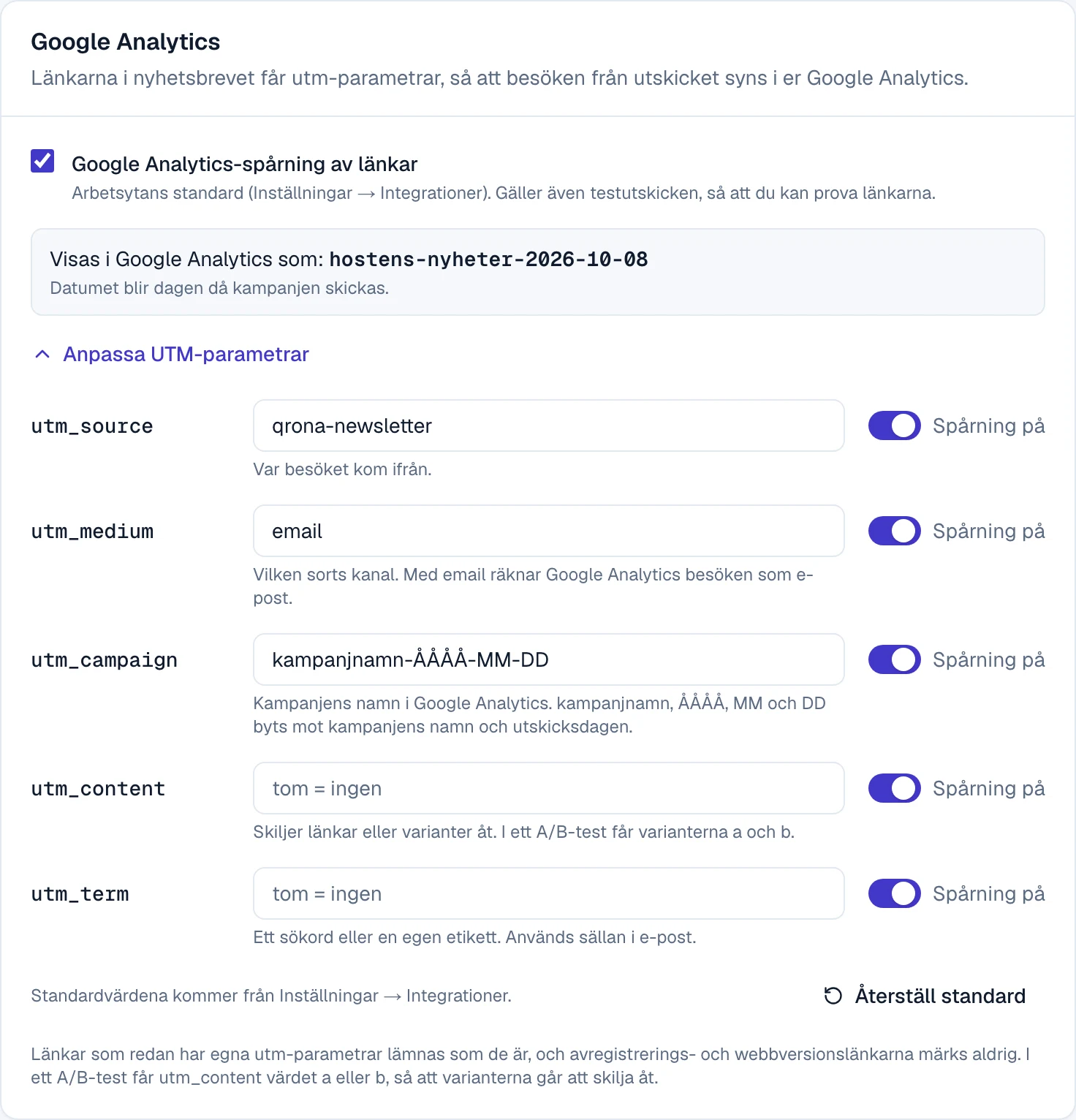 Rutan Google Analytics i kampanjen: kryssrutan Google Analytics-spårning av länkar, raden Visas i Google Analytics som och de utfällda UTM-parametrarna.