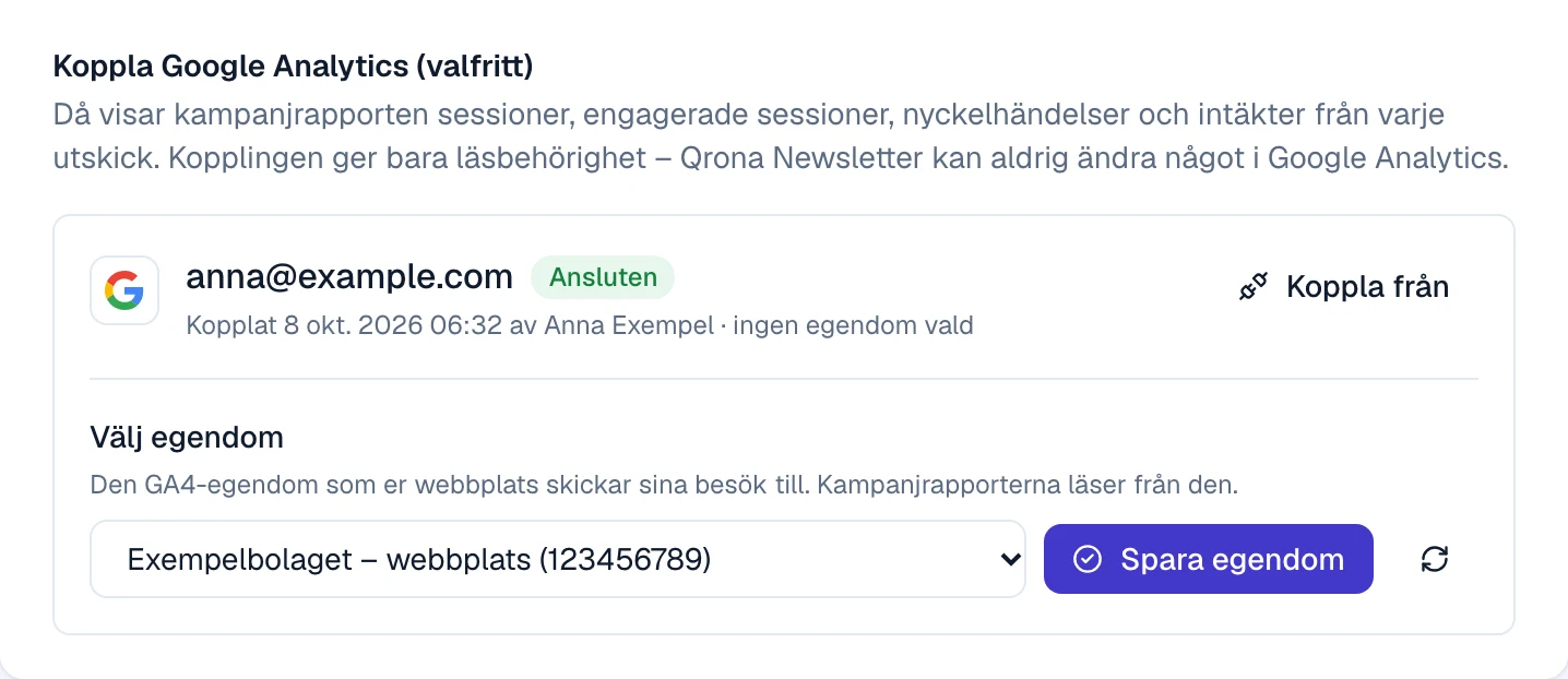 Ett kopplat Google-konto med märket Ansluten, listan Välj egendom och knapparna Spara egendom och Koppla från.