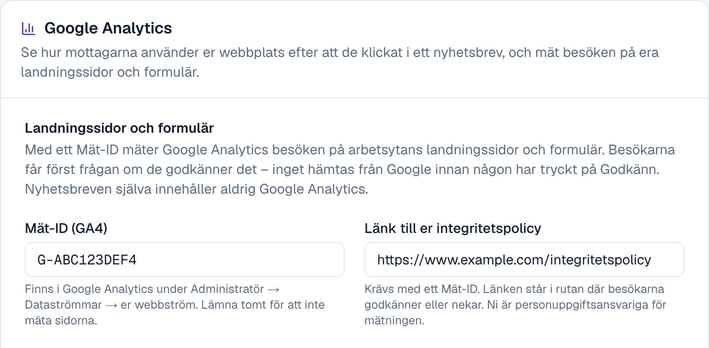 Kortet Google Analytics under Inställningar → Integrationer med fälten Mät-ID (GA4) och Länk till er integritetspolicy ifyllda.