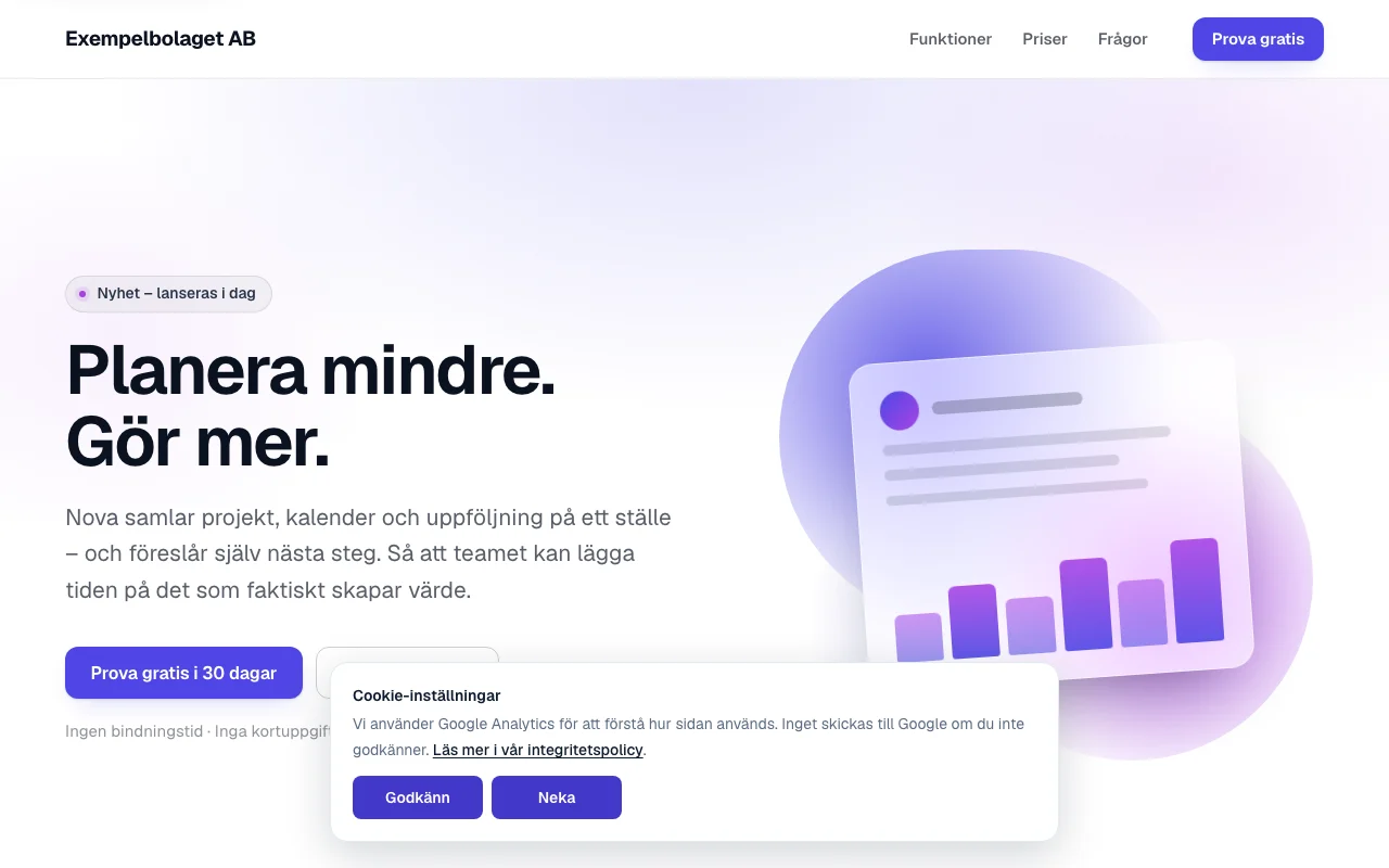 En landningssida med rutan Cookie-inställningar längst ned: texten om Google Analytics, en länk till integritetspolicyn och knapparna Godkänn och Neka.