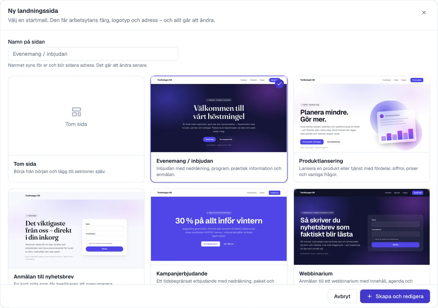 The New landing page dialog with starter templates: Event and invitation, Product launch, Newsletter sign-up, Campaign offer and Webinar.