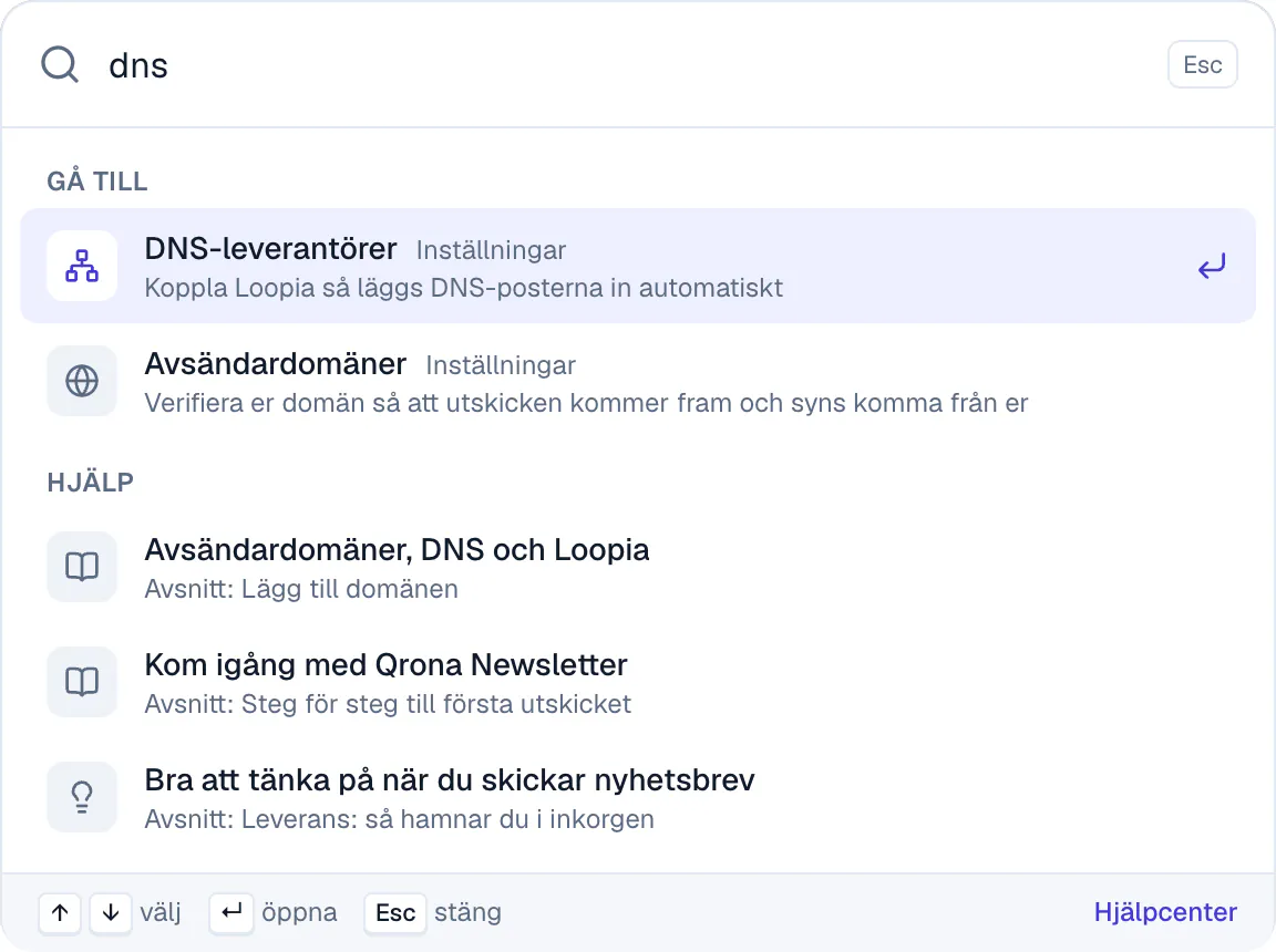 The search box that opens with ⌘K: a search for dns shows DNS providers, Sender domains and help articles.