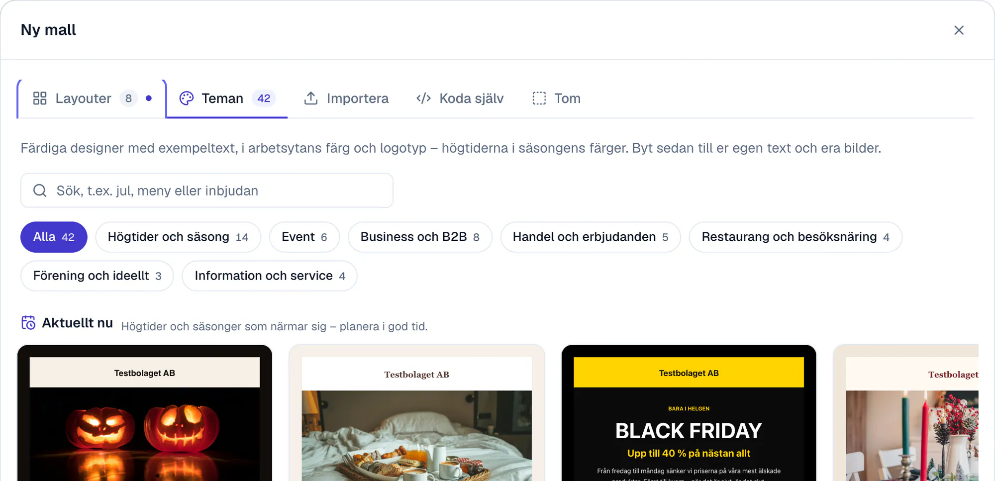 The New template dialog with the Themes tab: a search field, the categories Holidays and seasons, Events, Business and B2B, Retail and offers, Restaurants and hospitality, Associations and non-profits and Information and services, and the Right now row with themes for Halloween, Mother's Day and Father's Day, Black Friday and Christmas dinner.